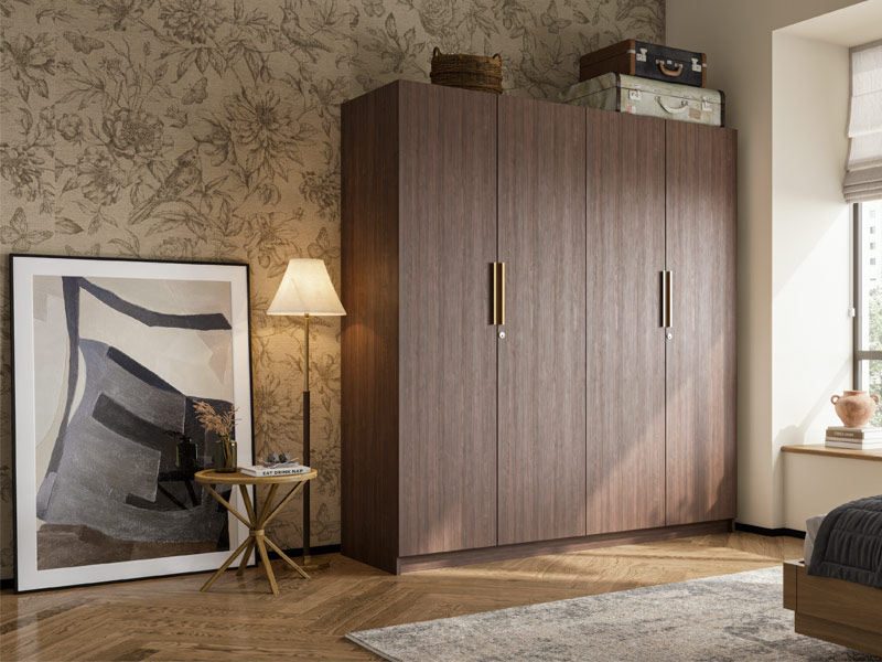 A stylish modern bedroom featuring a wooden wardrobe, a decorative lamp, and a large window with natural light. – Asian Paints