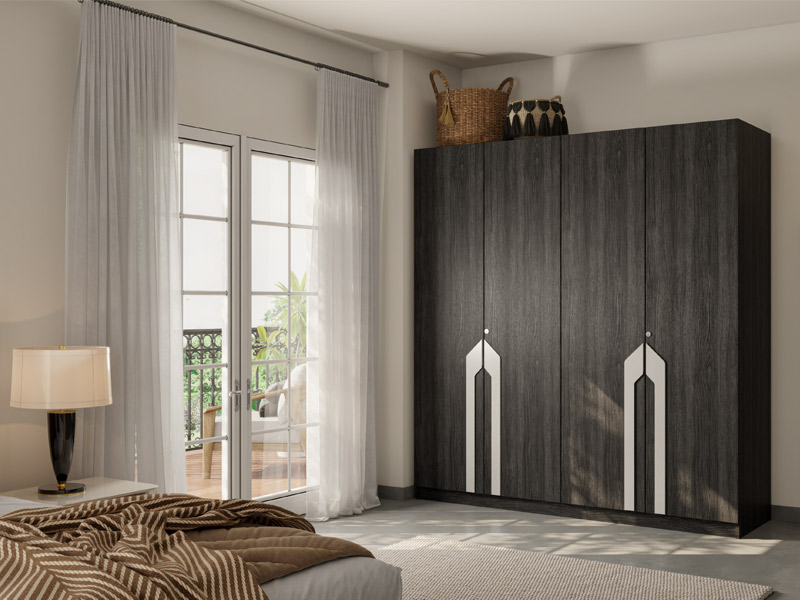 Bedroom featuring a dark wood wardrobe, large mirror, balcony access, and natural lighting – Asian Paints