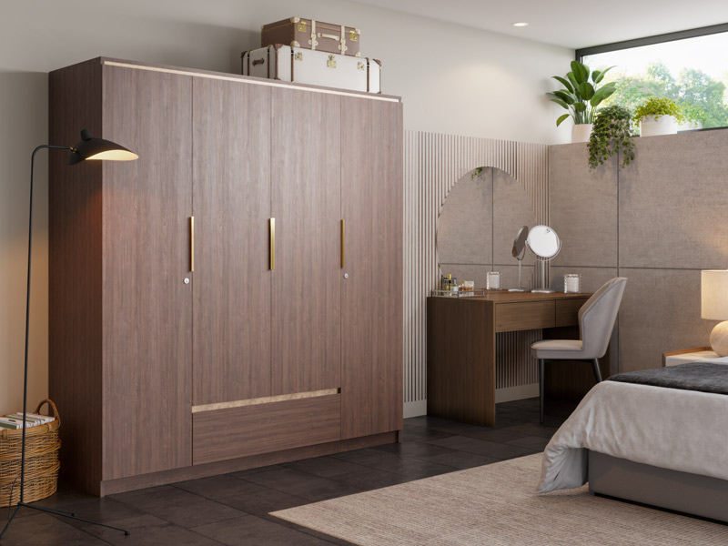 A bedroom featuring a wooden wardrobe, a stylish desk with a mirror, and soft lighting from a bedside lamp. – Asian Paints