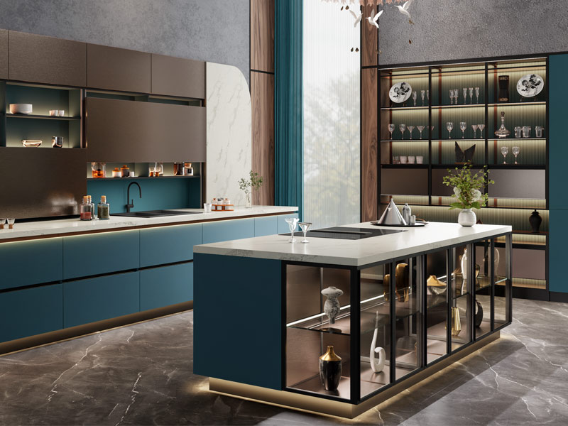 Aqua Guildano kitchen with ocean-inspired blue tones and shell textures – Beautiful Homes