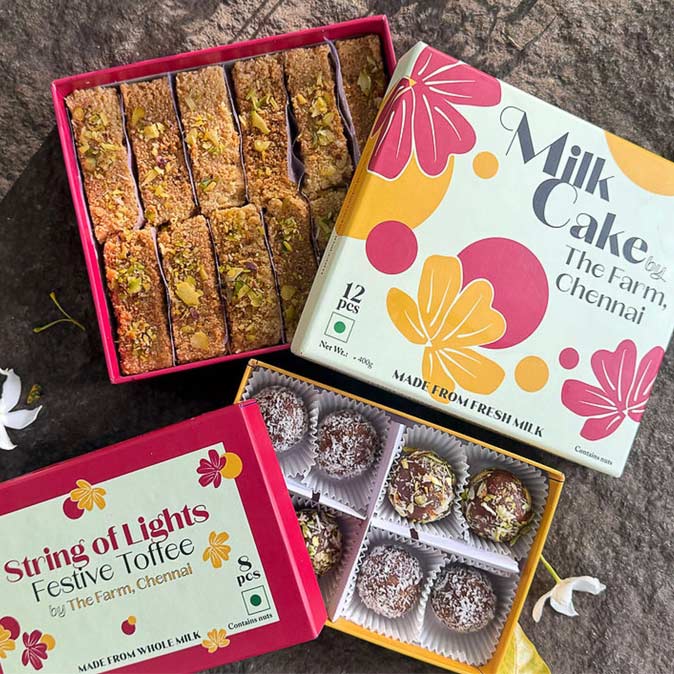 Festive sweets including "String of Lights" toffee and milk cake, beautifully packed - Beautiful Homes