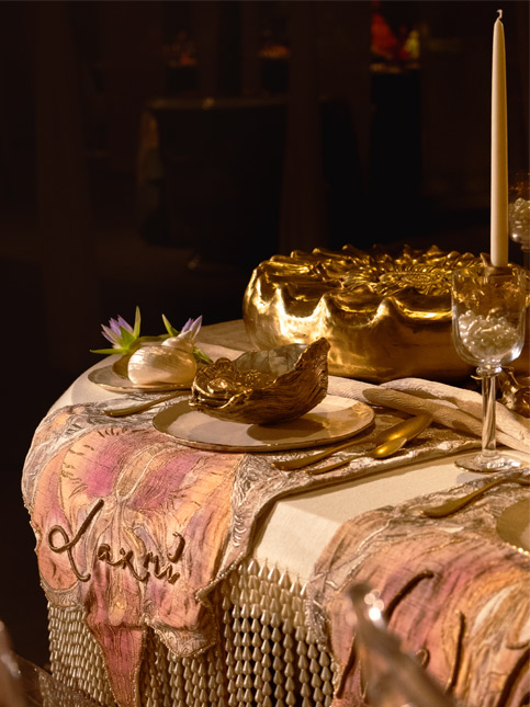 Unmistakably feminine, Shilo Shiv Suleman’s Intimacy is an oceanscape made out of pearls, glass and brass, and is inspired by Judy Chicago’s iconic installation, The Dinner Party – Beautiful Homes