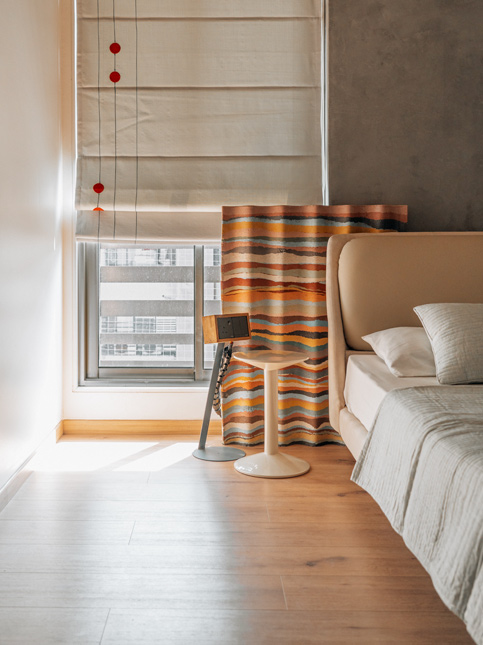 Bedroom corner with movable concrete wall and relocatable switchboard by H+A Studio – Beautiful Homes