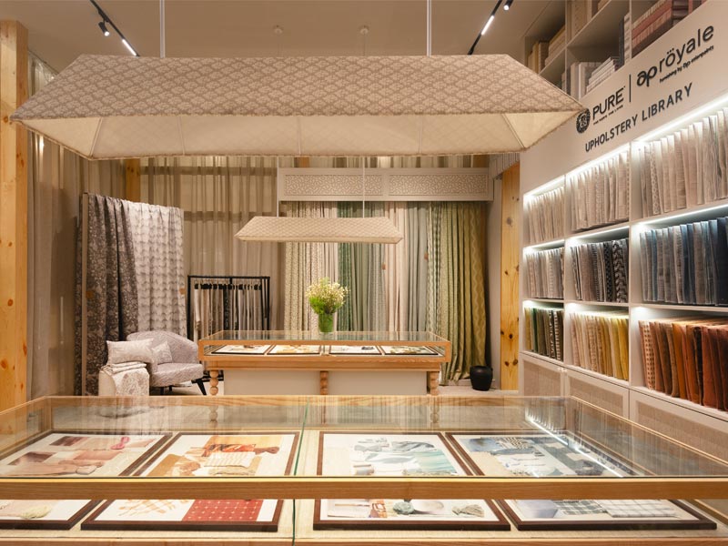 Pure Royale booth at ID Mumbai showcasing Darwin Story fabrics – Beautiful Homes
