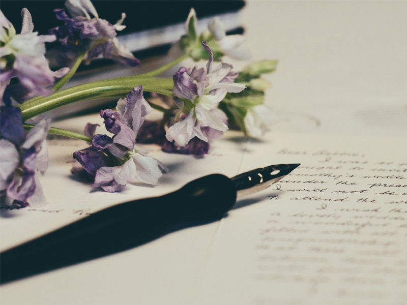 A dip pen rests on a handwritten letter next to a small cluster of purple and white flowers – Beautiful Homes
