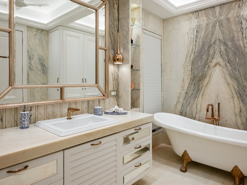 The bathroom features Michelangelo marble from Kishangarh – Beautiful Homes