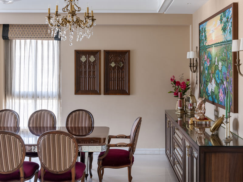 The dining space has a custom-designed console, table and chairs, upholstered in fabrics from the Sabyasachi for Nilaya collection – Beautiful Homes
