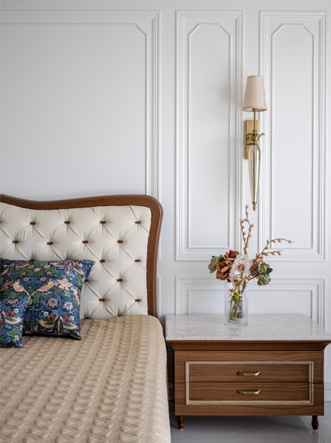 The wall panelling is a classical element, and the wall treatments are finished with Asian Paints – Beautiful Homes