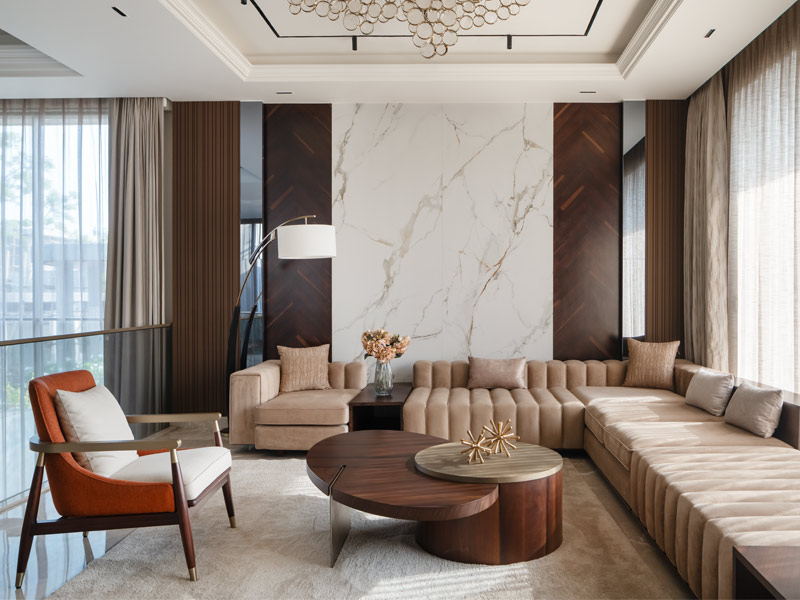 Family room with marble feature wall – Beautiful Homes