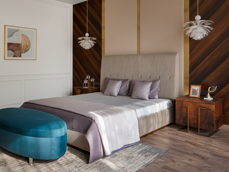 Bedroom with timber panels and lilac – Beautiful Homes