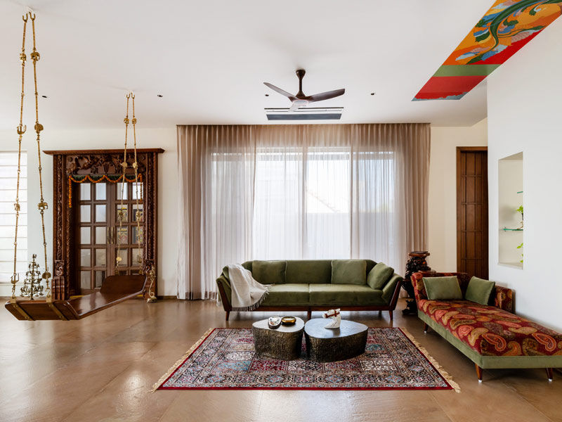 Living room with ceiling mural and stone flooring – Beautiful Homes