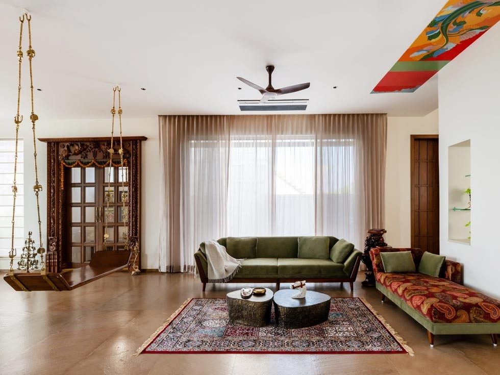 Living room with ceiling mural and stone flooring – Beautiful Homes