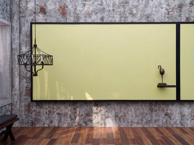 Moonlit Silk canvas with textured walls, objects, and Flamingo sculpture – Beautiful Homes