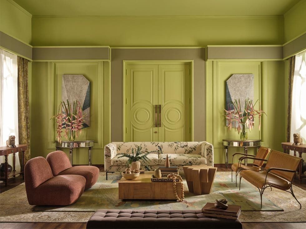 Contemporary living room with Moonlit Silk green walls, wooden furniture – Beautiful Homes