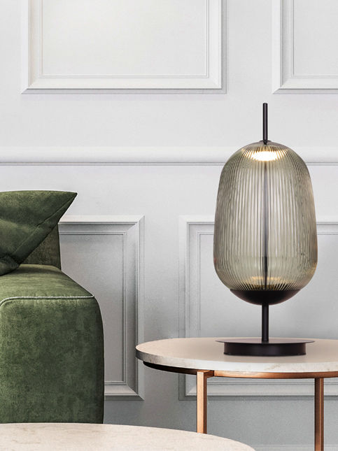 Textured glass table lamp in modern living room – Beautiful Homes