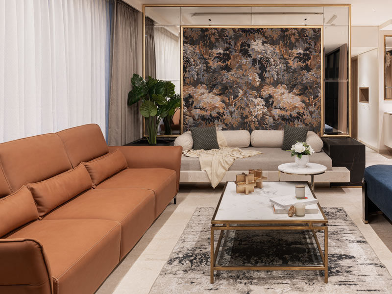 Luxury living room with patterned accent wall and modern furniture – Beautiful Homes
