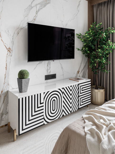 Modern TV unit with marble wall and geometric cabinet design – Beautiful Homes
