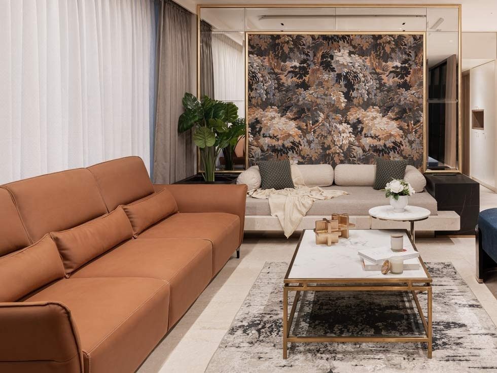 Luxury living room with patterned accent wall and modern furniture – Beautiful Homes