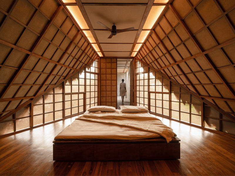 Attic bedroom with wooden grid walls – Beautiful Homes