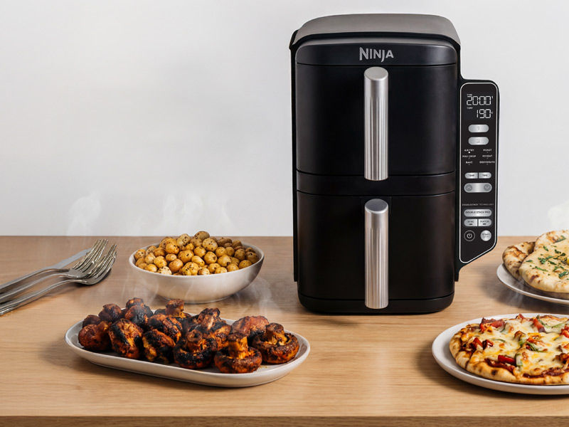 Ninja Double stack Air Fryer with cooked food on table – Beautiful Homes