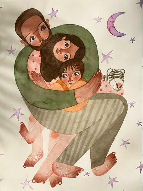Family portrait with intertwined figures in soft watercolours – Beautiful Homes