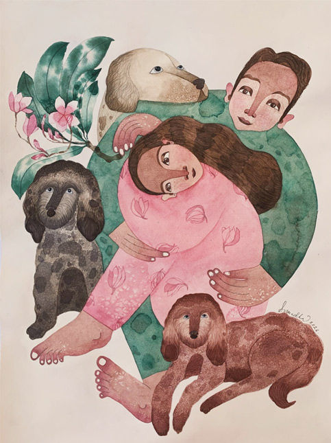 Watercolour family portrait with pets and flowers – Beautiful Homes