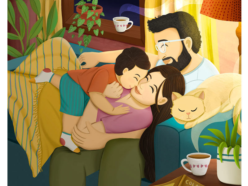 Cozy family evening illustration with cat and coffee – Beautiful Homes