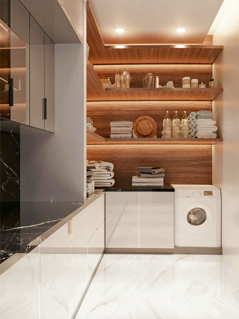 A sophisticated laundry room layout featuring marble flooring, wooden shelves with under-cabinet lighting, and ample storage – Beautiful Homes