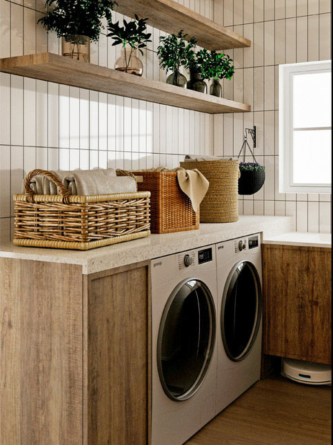 A laundry room featuring open wooden shelves, decorative plants, and wicker baskets for organized storage – Beautiful Homes
