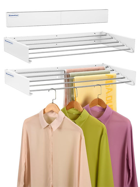 A white wall-mounted collapsible drying rack shown in both folded and extended states with clothes – Beautiful Homes
