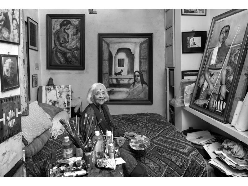 Anjolie Ela Menon in her art studio surrounded by her paintings – Beautiful Homes