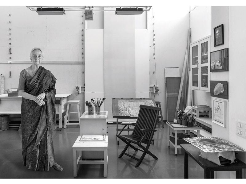 Nilima Sheikh standing in her minimalist art studio – Beautiful Homes