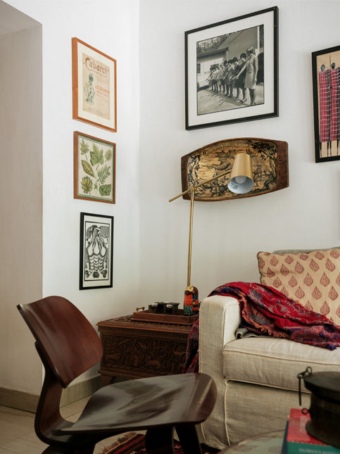 Living room nook with Kashmiri carved wood chest and matryoshka doll - Beautiful Homes