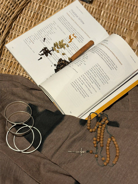 Shobha Jose George travel essentials with Ladakhi shawl rosary and spice mix - Beautiful Homes