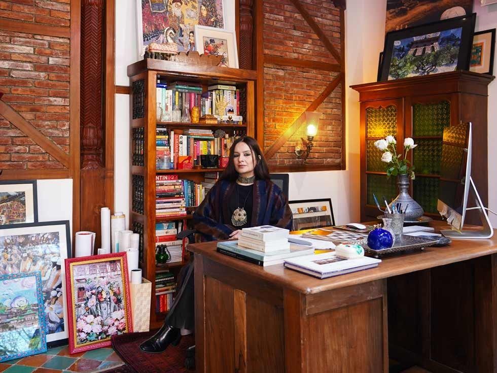 Reclaimed Kashmiri windows and Dhaji Diwari wall in studio - Beautiful Homes
