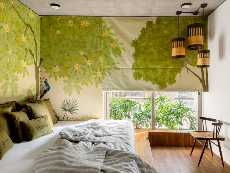 Cane Concept bamboo pendant lamps with Nehal Desai wall mural - Beautiful Homes
