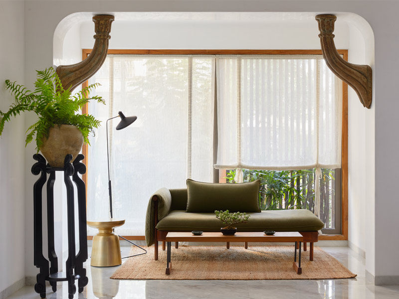 Vintage wooden corbels with Pure Concept blinds and Sar Studio sofa - Beautiful Homes