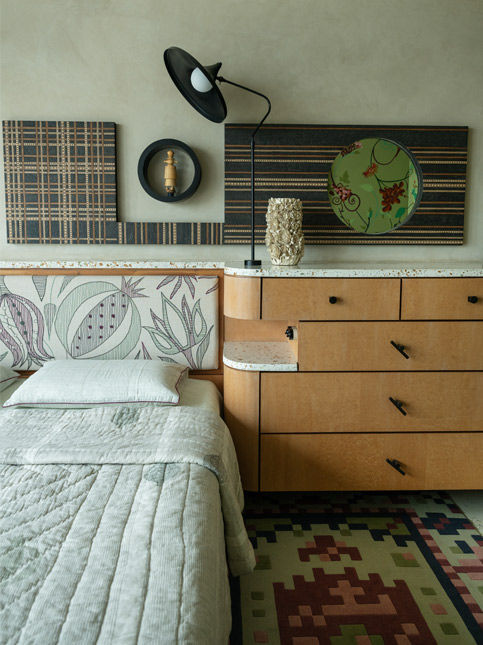 Bedroom with collage of patterns and colours in Byculla home - Beautiful Homes