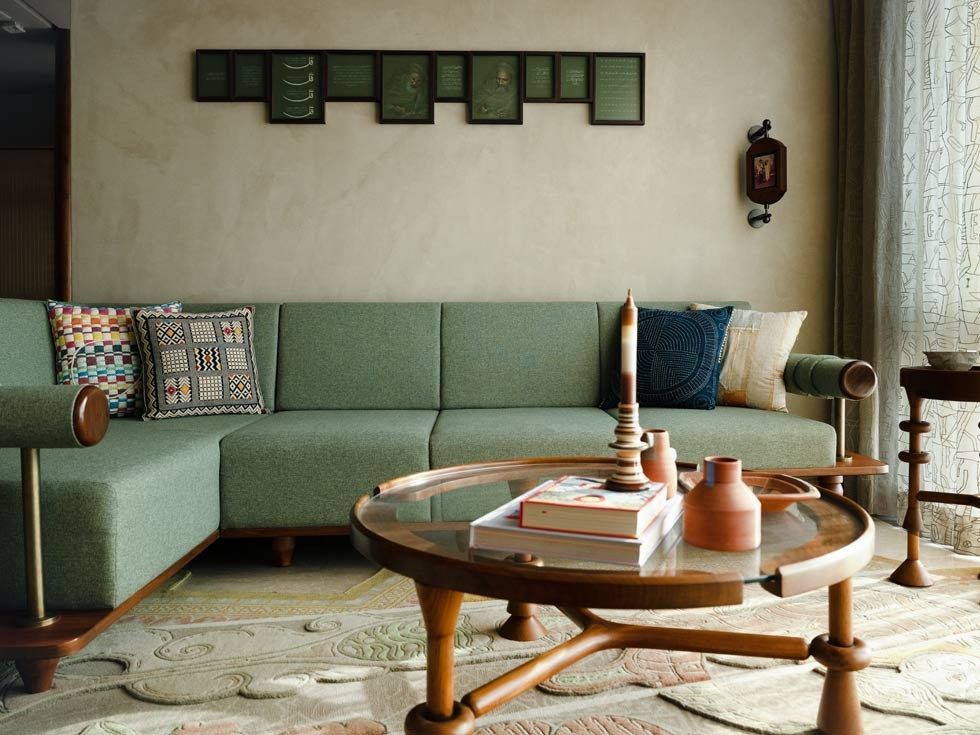 Hikaya fable rug in primary sitting area of Byculla home - Beautiful Homes