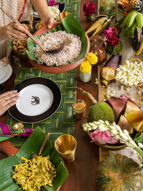 Traditional Kerala Onam sadhya featuring Matta rice, aviyal, banana chips and jackfruit chips - Beautiful Homes