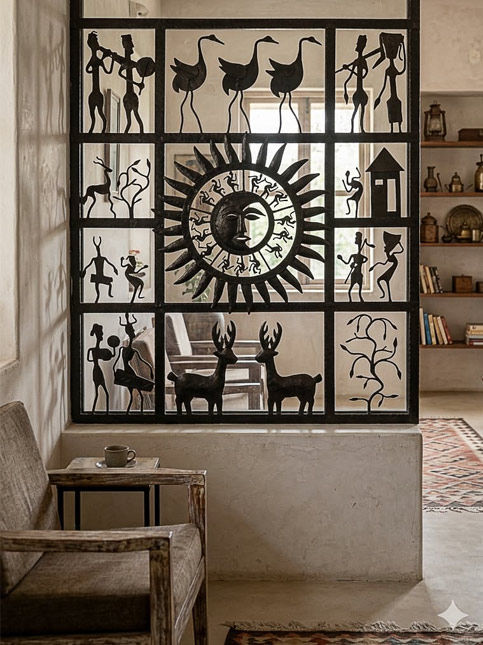 The structural wrought iron divider is sourced from Chinhhari arts and handicraft studio in Raipur – Beautiful Homes