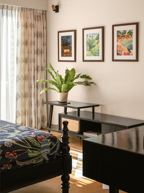 A space designed by BASICS Studio featuring curtains from Nilaya by Asian Paints and artworks by artist Richa Kashelkar – Beautiful Homes