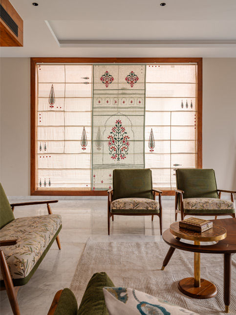 The embroidered linen curtains are from Filigree Fabriculture, a bespoke textile solutions studio by architect Prathama Desai – Beautiful Homes
