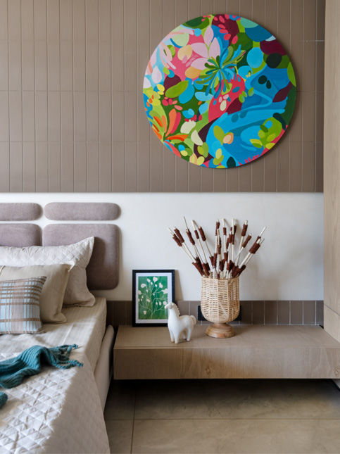 Beige and cream bedroom with artwork and Asian Paints fabrics - Beautiful Homes