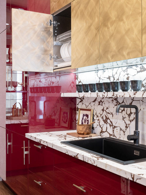 Red modular kitchen with open shelves and marble countertop - Beautiful Homes