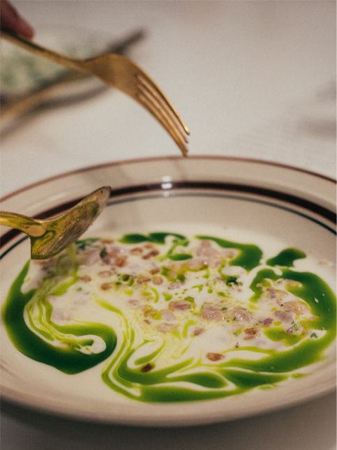 Ceviche plated with a creamy dressing and green oil for the Apartment popup – Beautiful Homes