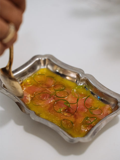 Tuna sashimi crudo served with wasabi oil, citrus sauce and scallion curls – Beautiful Homes