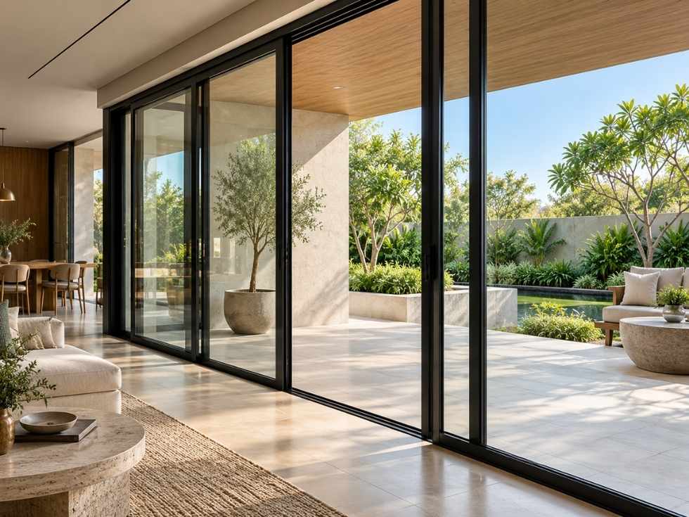 Black aluminium sliding doors with slim frames opening onto a modern patio - Beautiful Homes