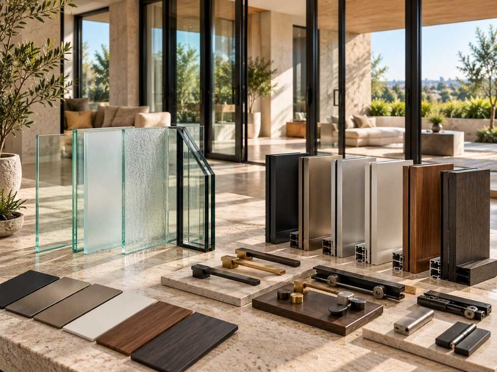 Aluminium door profiles, glass panels, finish samples, and hardware options - Beautiful Homes