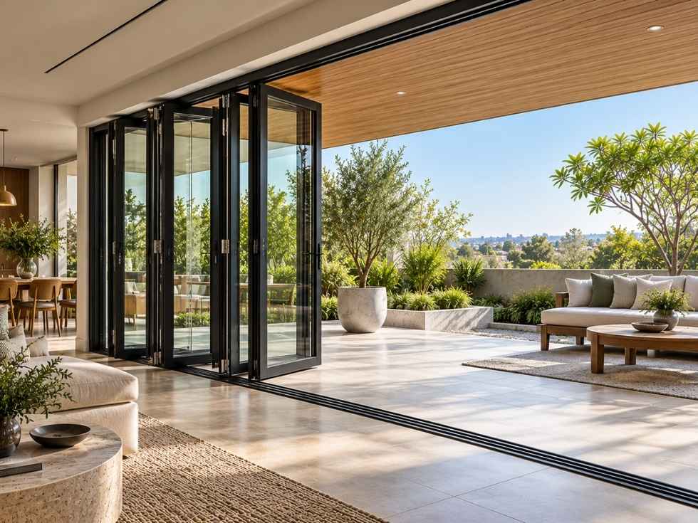 Black aluminium bi-fold doors opening onto a spacious outdoor patio - Beautiful Homes